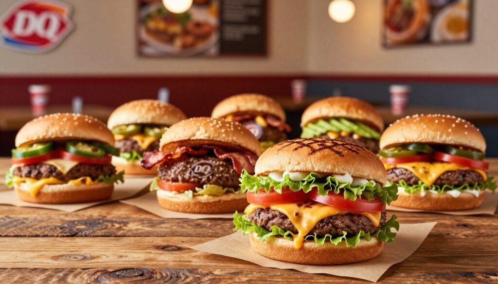 A beautifully arranged display of Dairy Queen's seasonal and limited-time burger offerings, showcasing an enticing selection of flavorful burgers on a rustic wooden table. In the foreground, highlight a perfectly grilled burger topped with fresh lettuce, ripe tomatoes, melted cheddar cheese, and a specialty sauce, all nestled in a toasted bun. In the middle ground, include a few more colorful burger variations, each with unique toppings and garnishes, such as jalapeños, crispy bacon, and avocado. The background features a soft-focus Dairy Queen restaurant ambiance with warm lighting that evokes a cozy, inviting atmosphere. A shallow depth of field adds emphasis to the burgers, while the overall composition conveys a sense of indulgence and excitement around limited-time flavors. A beautifully arranged display of Dairy Queen's seasonal and limited-time burger offerings, showcasing an enticing selection of flavorful burgers on a rustic wooden table. In the foreground, highlight a perfectly grilled burger topped with fresh lettuce, ripe tomatoes, melted cheddar cheese, and a specialty sauce, all nestled in a toasted bun. In the middle ground, include a few more colorful burger variations, each with unique toppings and garnishes, such as jalapeños, crispy bacon, and avocado. The background features a soft-focus Dairy Queen restaurant ambiance with warm lighting that evokes a cozy, inviting atmosphere. A shallow depth of field adds emphasis to the burgers, while the overall composition conveys a sense of indulgence and excitement around limited-time flavors.