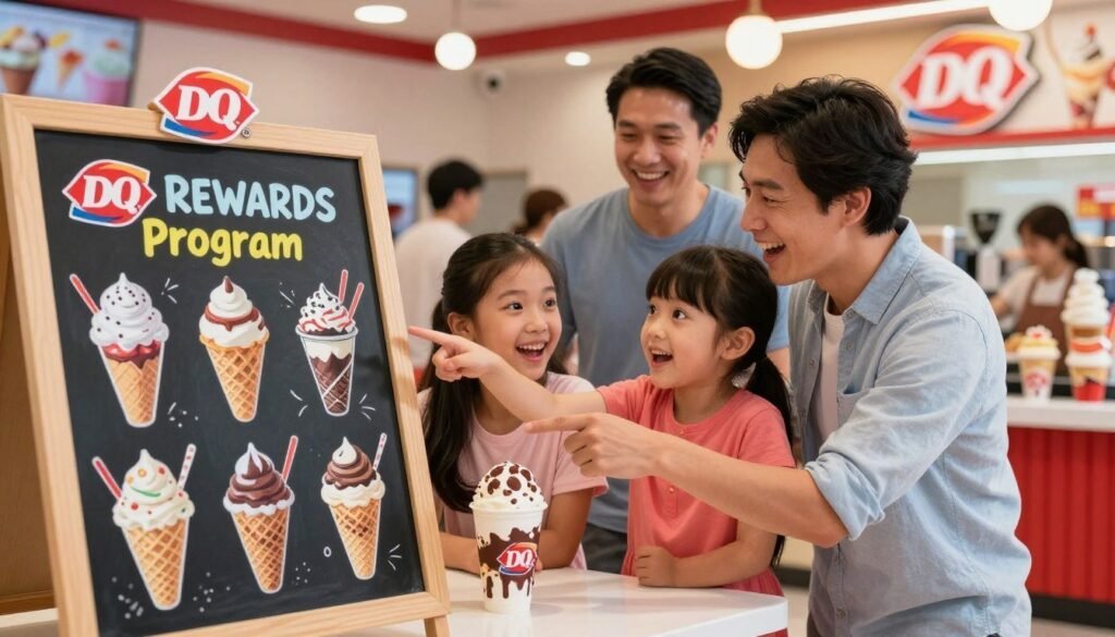 A colorful and inviting Dairy Queen scene showcasing the DQ Rewards Program, set in a family-friendly Dairy Queen restaurant. In the foreground, feature a chalkboard menu displaying enticing pictures of various Blizzard flavors, with illustrations of toppings and vibrant colors. In the middle, depict a happy family excitedly pointing at the menu, dressed in casual clothing, embodying joy and anticipation. In the background, include a view of the classic Dairy Queen counter adorned with signature ice cream treats and a DQ logo. The lighting should be warm and inviting, suggesting a sunny afternoon, with soft focus on the background. Capture a cheerful, vibrant atmosphere that illustrates the rewarding experience of indulging in free Blizzards through the rewards program.