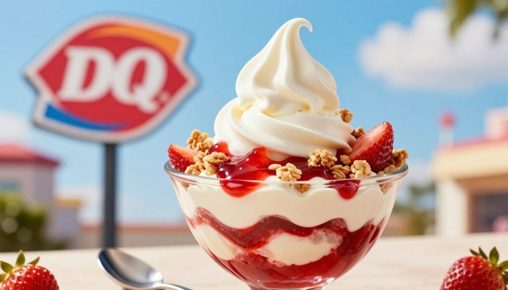 A delectable Dairy Queen parfait, elegantly layered with creamy vanilla soft serve, vibrant strawberry sauce, and crunchy granola, sits invitingly in a clear glass dish. The parfait's luscious texture glistens under a warm, soft light, enhancing the rich colors of the ingredients. In the foreground, a spoon rests beside the parfait, suggesting indulgence. The middle ground features a blurred Dairy Queen sign to subtly hint at its origin, while a bright and cheerful outdoor setting serves as the background, with a hint of blue sky and fluffy white clouds embodying a sunny day. The overall mood is joyful and enticing, inviting viewers to dive into this sweet treat. The composition is shot from a slightly elevated angle, creating a mouthwatering perspective. A delectable Dairy Queen parfait, elegantly layered with creamy vanilla soft serve, vibrant strawberry sauce, and crunchy granola, sits invitingly in a clear glass dish. The parfait's luscious texture glistens under a warm, soft light, enhancing the rich colors of the ingredients. In the foreground, a spoon rests beside the parfait, suggesting indulgence. The middle ground features a blurred Dairy Queen sign to subtly hint at its origin, while a bright and cheerful outdoor setting serves as the background, with a hint of blue sky and fluffy white clouds embodying a sunny day. The overall mood is joyful and enticing, inviting viewers to dive into this sweet treat. The composition is shot from a slightly elevated angle, creating a mouthwatering perspective.