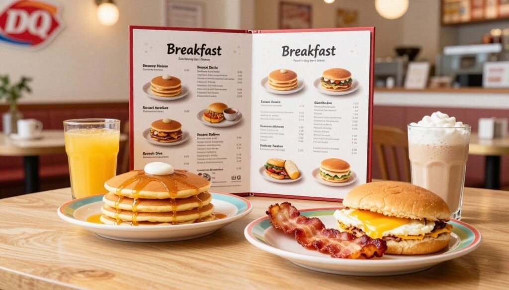 A tasteful and inviting display of Dairy Queen breakfast menu items arranged on a wooden table. In the foreground, showcase a colorful plate featuring fluffy pancakes drizzled with syrup, a crispy bacon strip, and a golden egg sandwich. Beside it, a frosty glass of orange juice catches the morning light. In the middle ground, display the full breakfast menu in an elegant and organized manner, with prices clearly visible under each dish. The background features a bright and airy Dairy Queen restaurant interior, adorned with warm lighting, soft hues, and inviting decor. Capture the scene at a slight overhead angle to enhance its appealing layout, creating a friendly and cheerful atmosphere that highlights the delightful breakfast options customers can enjoy. Focus on clarity, quality, and the appetizing visual appeal of the food. A tasteful and inviting display of Dairy Queen breakfast menu items arranged on a wooden table. In the foreground, showcase a colorful plate featuring fluffy pancakes drizzled with syrup, a crispy bacon strip, and a golden egg sandwich. Beside it, a frosty glass of orange juice catches the morning light. In the middle ground, display the full breakfast menu in an elegant and organized manner, with prices clearly visible under each dish. The background features a bright and airy Dairy Queen restaurant interior, adorned with warm lighting, soft hues, and inviting decor. Capture the scene at a slight overhead angle to enhance its appealing layout, creating a friendly and cheerful atmosphere that highlights the delightful breakfast options customers can enjoy. Focus on clarity, quality, and the appetizing visual appeal of the food.