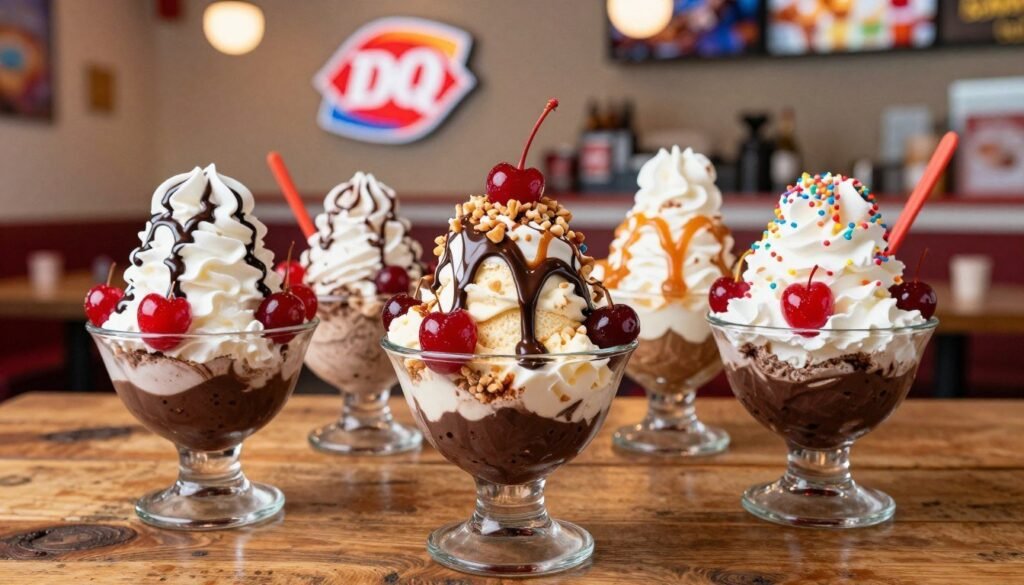 A tempting arrangement of classic Dairy Queen sundaes in the foreground featuring three rich layers of ice cream topped with glossy chocolate syrup, vibrant red cherries, and whipped cream in elegant glass bowls. Showcase one sundae with crushed nuts sprinkled on top, another with a generous drizzle of caramel, and the third adorned with colorful sprinkles. The middle ground includes a rustic wooden table surface, enhancing the homely food experience. In the background, a softly blurred Dairy Queen restaurant interior is visible, with warm lighting creating an inviting atmosphere. The scene is shot with a close-up angle using a shallow depth of field to emphasize the textures of the ice cream and toppings, evoking a sense of indulgence and nostalgia. A tempting arrangement of classic Dairy Queen sundaes in the foreground featuring three rich layers of ice cream topped with glossy chocolate syrup, vibrant red cherries, and whipped cream in elegant glass bowls. Showcase one sundae with crushed nuts sprinkled on top, another with a generous drizzle of caramel, and the third adorned with colorful sprinkles. The middle ground includes a rustic wooden table surface, enhancing the homely food experience. In the background, a softly blurred Dairy Queen restaurant interior is visible, with warm lighting creating an inviting atmosphere. The scene is shot with a close-up angle using a shallow depth of field to emphasize the textures of the ice cream and toppings, evoking a sense of indulgence and nostalgia.