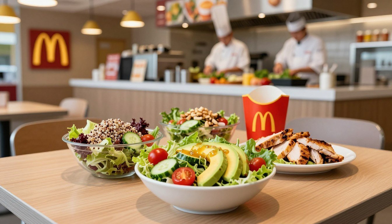 A vibrant McDonald's salad spread on a clean, wooden table. In the foreground, a colorful mix of fresh greens, cherry tomatoes, cucumbers, and sliced avocados in a large bowl, topped with a light vinaigrette. Next to the bowl, there are individual servings of salads, each showcasing different ingredients like quinoa, grilled chicken, and nuts. The middle ground features a bright, inviting McDonald's restaurant interior with soft lighting and modern decor. In the background, a well-lit kitchen area, with chefs preparing fresh ingredients. The mood is health-conscious and appetizing, highlighting the freshness of the salads in a family-friendly dining atmosphere. Shot with a shallow depth of field to focus on the salads, using a warm color palette.