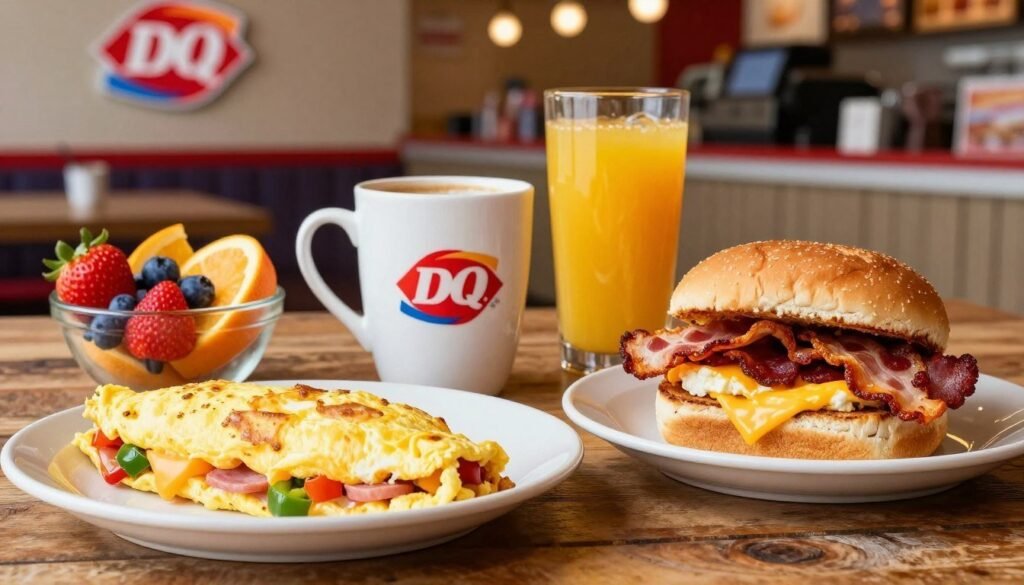 A vibrant and inviting Dairy Queen breakfast spread featuring a variety of breakfast items on a rustic wooden table. In the foreground, display a fluffy omelet filled with cheese, bell peppers, and ham, alongside a perfectly stacked breakfast sandwich with crispy bacon, egg, and cheese on a toasted bun. Include a colorful fruit bowl with strawberries, blueberries, and orange slices. In the middle, showcase a cup of hot coffee and a refreshing orange juice, reflecting the morning light. The background should feature a cozy Dairy Queen interior, with warm lighting and a welcoming atmosphere. Capture the image at eye level to emphasize the delicious food and inviting ambiance, creating a cheerful morning vibe that showcases Dairy Queen's breakfast offerings. A vibrant and inviting Dairy Queen breakfast spread featuring a variety of breakfast items on a rustic wooden table. In the foreground, display a fluffy omelet filled with cheese, bell peppers, and ham, alongside a perfectly stacked breakfast sandwich with crispy bacon, egg, and cheese on a toasted bun. Include a colorful fruit bowl with strawberries, blueberries, and orange slices. In the middle, showcase a cup of hot coffee and a refreshing orange juice, reflecting the morning light. The background should feature a cozy Dairy Queen interior, with warm lighting and a welcoming atmosphere. Capture the image at eye level to emphasize the delicious food and inviting ambiance, creating a cheerful morning vibe that showcases Dairy Queen's breakfast offerings.