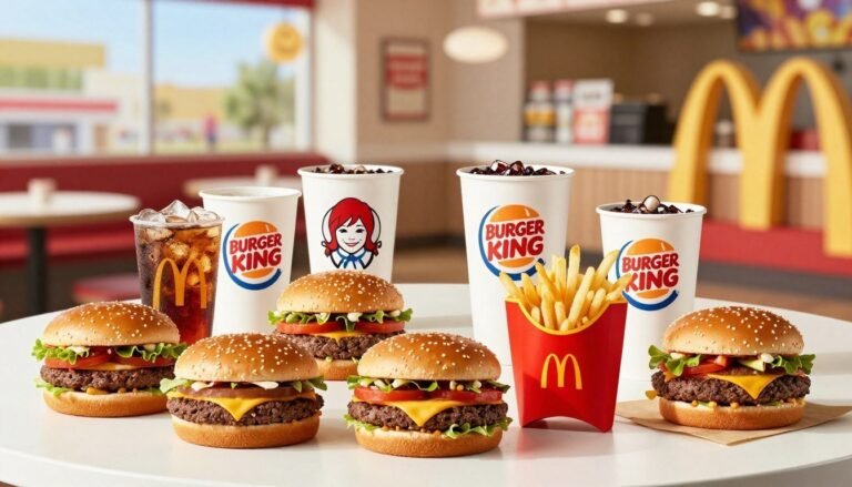A vibrant, divided display of McDonald's Dollar Menu items on a clean, white table surface; the foreground showcases an array of popular Dollar Menu items like burgers, fries, and beverages, arranged artistically. In the middle ground, a side-by-side comparison with visually similar items from competitor fast-food chains like Wendy's and Burger King, each clearly labeled but without text. The background features a soft, blurred restaurant setting with iconic McDonald's elements such as the golden arches and cheerful decor. Bright, natural lighting illuminates the scene, enhancing colors and textures; the angle is slightly above, providing a comprehensive view. The atmosphere is inviting and engaging, aimed to attract viewers' attention to the comparison of menu options.