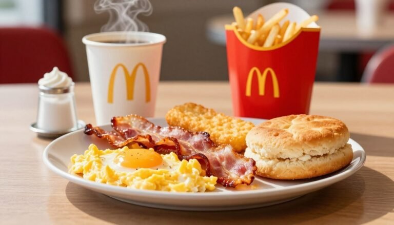 A visually appealing composition showcasing a delicious McDonald's breakfast spread on a wooden table. In the foreground, depict a classic breakfast platter with a scrambled egg, crispy bacon, a golden hash brown, and a soft biscuit, artfully arranged. In the middle ground, include a steaming cup of coffee with a small condiment holder filled with cream and sugar. The background should subtly feature a blurred image of the iconic McDonald's logo and bright red decor, enhancing the atmosphere of a cozy morning. Natural morning light filters in, casting a warm glow over the scene, while soft shadows add depth. The overall mood is inviting and appetizing, perfect for highlighting the nutritional aspects of McDonald's breakfast offerings.