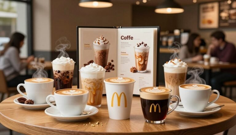 A visually captivating display of McDonald's coffee flavors arranged artfully on a wooden café table. In the foreground, diverse coffee cups showcase various flavors such as hazelnut, vanilla, caramel, and espresso, steaming gently with latte art on top. In the middle, an elegant coffee menu featuring rich, creamy textures of each drink, with vibrant color contrasts highlighting their unique flavors. The background features a cozy café environment with soft, warm lighting emanating from overhead pendant lamps, creating an inviting atmosphere. The scene captures the essence of relaxation, with blurred outlines of patrons enjoying their drinks, dressed in casual yet neat clothing. The composition is shot from a slightly elevated angle to encompass both the intricate details of the coffee flavors and the ambiance of the café setting.