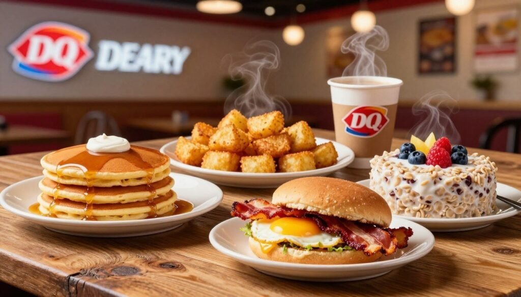 A well-organized, visually appealing Dairy Queen breakfast spread displayed on a rustic wooden table. In the foreground, highlight a colorful assortment of breakfast items, such as fluffy pancakes with syrup, a breakfast sandwich with crispy bacon and eggs, and creamy oatmeal topped with fresh fruit. The middle ground features a vibrant, neatly arranged plate showcasing hash browns and coffee, steaming gently. In the background, softly blurred imagery of faintly lit Dairy Queen branding and an inviting restaurant setting, with cozy seating and warm lighting that creates a welcoming atmosphere. The scene captures the essence of a nutritious breakfast experience, emphasizing freshness and wholesome ingredients. The lighting is warm, evoking a cozy morning feel, with a slight top-down angle for depth. A well-organized, visually appealing Dairy Queen breakfast spread displayed on a rustic wooden table. In the foreground, highlight a colorful assortment of breakfast items, such as fluffy pancakes with syrup, a breakfast sandwich with crispy bacon and eggs, and creamy oatmeal topped with fresh fruit. The middle ground features a vibrant, neatly arranged plate showcasing hash browns and coffee, steaming gently. In the background, softly blurred imagery of faintly lit Dairy Queen branding and an inviting restaurant setting, with cozy seating and warm lighting that creates a welcoming atmosphere. The scene captures the essence of a nutritious breakfast experience, emphasizing freshness and wholesome ingredients. The lighting is warm, evoking a cozy morning feel, with a slight top-down angle for depth.