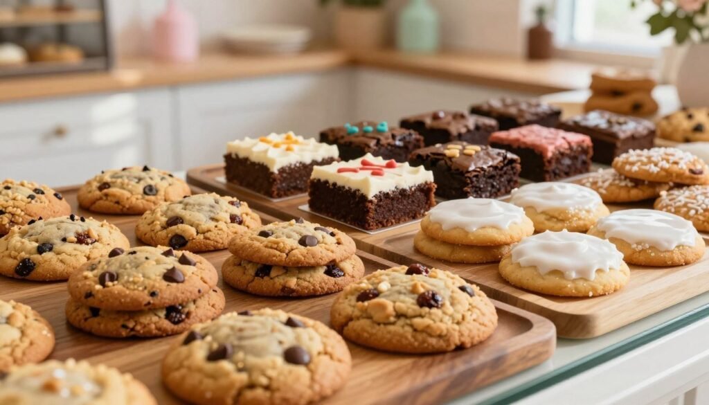 A cozy, inviting scene of a bakery display featuring an array of Wendy's signature cookies and bakery items. In the foreground, feature a variety of cookies—chocolate chip, oatmeal raisin, and frosted sugar cookies—professionally arranged on wooden platters. The middle section displays beautifully decorated cakes and brownies, with rich textures and vibrant colors. The background shows a softly lit bakery interior with warm wood accents and subtle pastel decorations, enhancing the inviting atmosphere. Soft, natural light filters in, casting gentle shadows that create a warm and welcoming mood. Capture this from a slightly elevated angle to showcase the items' details while emphasizing the inviting nature of the display.