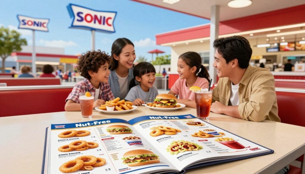 A brightly colored Sonic restaurant menu prominently featuring a "Nut-Free" section. The foreground shows a table with an open menu displaying various allergen-friendly food items like onion rings, burgers (without nuts), and refreshing drinks. Custom Sonic branding and vibrant illustrations of the dishes draw attention. In the middle, a smiling family of four, dressed in casual, comfortable clothing, happily discussing their meal options. The background showcases a bustling Sonic drive-in with bright signage and a clear blue sky, creating a lively atmosphere. The lighting is warm and inviting, capturing the joyful experience of dining while being mindful of nut allergies. A wide-angle shot emphasizes the friendly environment and family-friendly vibe throughout the scene. A brightly colored Sonic restaurant menu prominently featuring a "Nut-Free" section. The foreground shows a table with an open menu displaying various allergen-friendly food items like onion rings, burgers (without nuts), and refreshing drinks. Custom Sonic branding and vibrant illustrations of the dishes draw attention. In the middle, a smiling family of four, dressed in casual, comfortable clothing, happily discussing their meal options. The background showcases a bustling Sonic drive-in with bright signage and a clear blue sky, creating a lively atmosphere. The lighting is warm and inviting, capturing the joyful experience of dining while being mindful of nut allergies. A wide-angle shot emphasizes the friendly environment and family-friendly vibe throughout the scene.