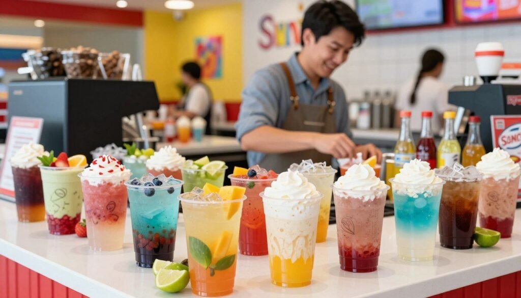 A colorful and vibrant display of Sonic drink customization options on a counter. In the foreground, an assortment of refreshing beverages is presented in clear cups, showcasing layers of different syrups, bright fruit garnishes, and whipped cream toppings. The middle ground features a friendly, casually dressed barista thoughtfully arranging drink ingredients, including fresh fruits, flavored syrups, and ice. In the background, a lively Sonic store environment with bright neon colors and cheerful decorations creates an energizing atmosphere. Bright, natural lighting enhances the inviting scene, while a slight depth of field focuses on the drinks, giving a sense of warmth and excitement. The overall mood is fun and refreshing, inviting viewers to explore their perfect drink combination. A colorful and vibrant display of Sonic drink customization options on a counter. In the foreground, an assortment of refreshing beverages is presented in clear cups, showcasing layers of different syrups, bright fruit garnishes, and whipped cream toppings. The middle ground features a friendly, casually dressed barista thoughtfully arranging drink ingredients, including fresh fruits, flavored syrups, and ice. In the background, a lively Sonic store environment with bright neon colors and cheerful decorations creates an energizing atmosphere. Bright, natural lighting enhances the inviting scene, while a slight depth of field focuses on the drinks, giving a sense of warmth and excitement. The overall mood is fun and refreshing, inviting viewers to explore their perfect drink combination.