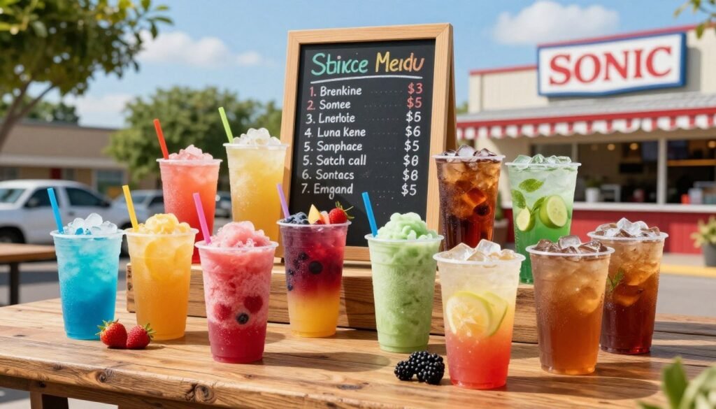 A colorful display of Sonic drink menu pricing, featuring an artistic arrangement of various refreshing beverages—slushes, sodas, and iced teas—situated on a rustic wooden table. In the foreground, include vibrant cups filled with different fruity drinks, each showcasing their unique colors and garnishes. In the middle layer, add a chalkboard with neatly written prices for each drink, styled with playful fonts and colorful chalk designs. The background should be a sunny outdoor Sonic drive-in, with bright blue skies and green trees, suggesting a relaxed, summery atmosphere. Utilize soft, natural lighting to enhance the freshness of the drinks, evoking a cheerful and inviting mood suitable for a warm afternoon. Capture the scene from a slightly elevated angle to encapsulate the full vibrant layout. A colorful display of Sonic drink menu pricing, featuring an artistic arrangement of various refreshing beverages—slushes, sodas, and iced teas—situated on a rustic wooden table. In the foreground, include vibrant cups filled with different fruity drinks, each showcasing their unique colors and garnishes. In the middle layer, add a chalkboard with neatly written prices for each drink, styled with playful fonts and colorful chalk designs. The background should be a sunny outdoor Sonic drive-in, with bright blue skies and green trees, suggesting a relaxed, summery atmosphere. Utilize soft, natural lighting to enhance the freshness of the drinks, evoking a cheerful and inviting mood suitable for a warm afternoon. Capture the scene from a slightly elevated angle to encapsulate the full vibrant layout.