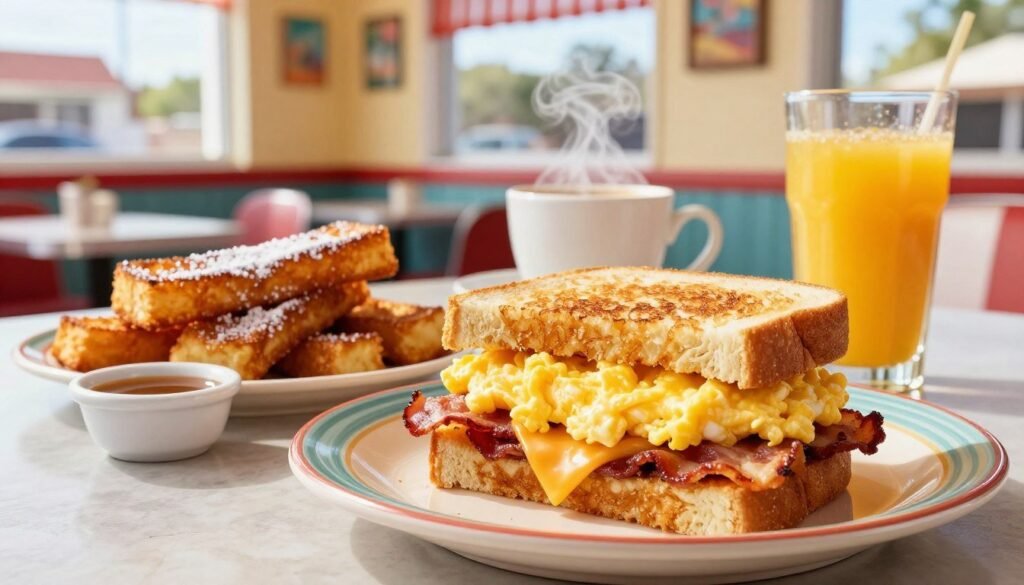 A vibrant Sonic morning menu scene featuring a classic breakfast sandwich and a side of crispy French toast sticks. In the foreground, the toasted sandwich is layered with fluffy scrambled eggs, melted cheddar cheese, and bacon, displayed on a colorful ceramic plate. The French toast sticks are golden-brown and sprinkled with powdered sugar, served in a small dipping dish of warm syrup. In the middle ground, a steaming cup of coffee and a fresh orange juice glass add to the breakfast setting. The background features a sunny suburban diner with cheerful decor, brightening up the atmosphere with playful colors. Natural light pours in through large windows, creating a warm and inviting vibe. The image captures the essence of a joyful morning, enticing the viewer with a delicious and satisfying breakfast experience.