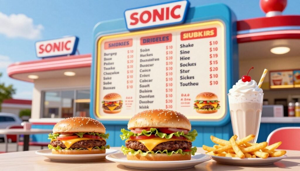 A vibrant and appealing image showcasing a Sonic drive-in menu board displaying prices for popular items like burgers, shakes, and other favorites. In the foreground, include colorful images of a classic cheeseburger, a creamy milkshake topped with whipped cream and a cherry, and sides like fries, all artfully arranged on a table. In the middle, a large, illuminated menu board with appetizing visuals and clear price listings, adorned with Sonic's signature colors of red, yellow, and blue. In the background, a bright, sunny day with a Sonic drive-in restaurant, featuring retro architecture. Use warm lighting to create a welcoming atmosphere, focusing on a slightly angled view that captures both the menu board and the delicious food. The overall mood should be lively and inviting, perfect for a quick meal with friends or family. A vibrant and appealing image showcasing a Sonic drive-in menu board displaying prices for popular items like burgers, shakes, and other favorites. In the foreground, include colorful images of a classic cheeseburger, a creamy milkshake topped with whipped cream and a cherry, and sides like fries, all artfully arranged on a table. In the middle, a large, illuminated menu board with appetizing visuals and clear price listings, adorned with Sonic's signature colors of red, yellow, and blue. In the background, a bright, sunny day with a Sonic drive-in restaurant, featuring retro architecture. Use warm lighting to create a welcoming atmosphere, focusing on a slightly angled view that captures both the menu board and the delicious food. The overall mood should be lively and inviting, perfect for a quick meal with friends or family.