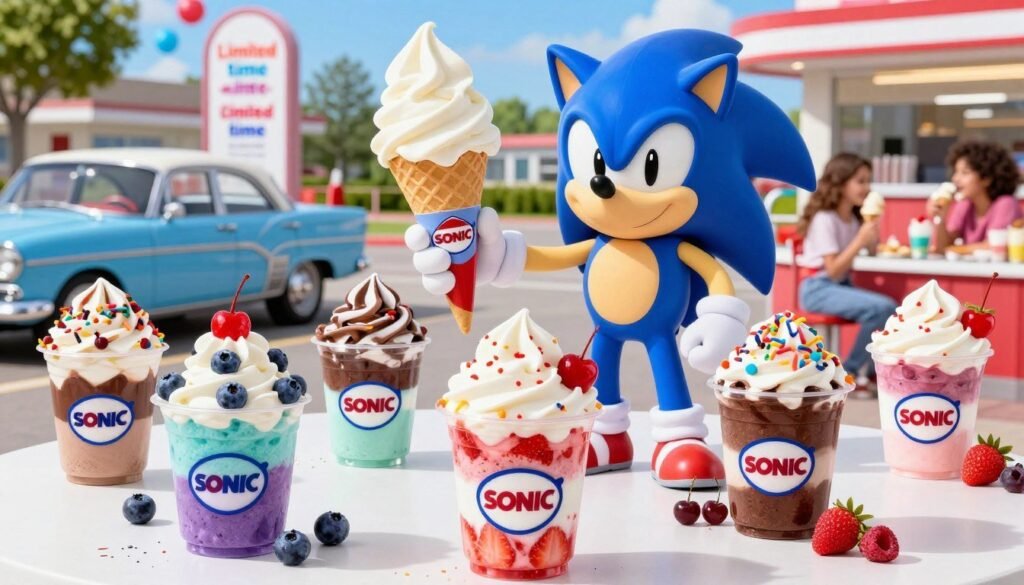 A vibrant, colorful display of Sonic ice cream specials, featuring a variety of delectable ice cream sundaes and parfaits. In the foreground, several enticing ice cream cups with layers of colorful flavors such as blueberry, strawberry, and chocolate fudge, topped with whipped cream, cherries, and sprinkles. The middle ground showcases Sonic’s iconic blue hedgehog mascot happily presenting a giant ice cream cone, surrounded by limited-time offer signs decorated with bright colors. The background includes a sunny day at a Sonic drive-in, with classic cars parked and happy customers enjoying their ice cream. Use soft, natural lighting to enhance the bright colors and create a cheerful, inviting atmosphere, captured from a slightly elevated angle for a comprehensive view. A vibrant, colorful display of Sonic ice cream specials, featuring a variety of delectable ice cream sundaes and parfaits. In the foreground, several enticing ice cream cups with layers of colorful flavors such as blueberry, strawberry, and chocolate fudge, topped with whipped cream, cherries, and sprinkles. The middle ground showcases Sonic’s iconic blue hedgehog mascot happily presenting a giant ice cream cone, surrounded by limited-time offer signs decorated with bright colors. The background includes a sunny day at a Sonic drive-in, with classic cars parked and happy customers enjoying their ice cream. Use soft, natural lighting to enhance the bright colors and create a cheerful, inviting atmosphere, captured from a slightly elevated angle for a comprehensive view.