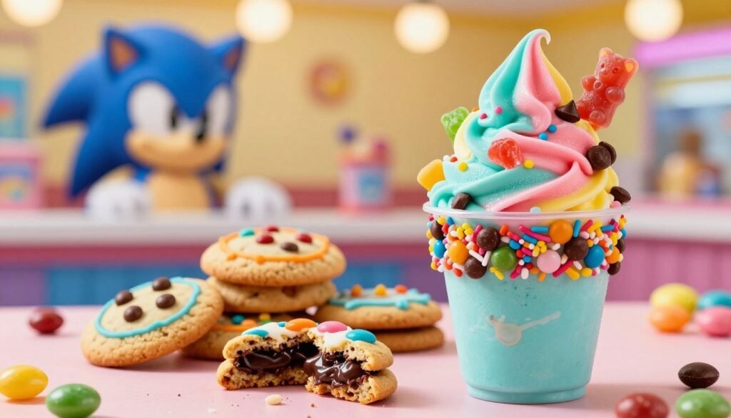 A vibrant display of Sonic Blast flavors, featuring a colorful assortment of candy and cookie creations. In the foreground, a tall, frosty cup overflowing with creamy, swirled ice cream in bold colors such as teal, pink, and yellow, topped with an array of candy pieces like gummy bears, chocolate chips, and sprinkles. In the middle, an assortment of cookies, some whole and others broken in half, showcasing gooey chocolate and vibrant icing in playful patterns. The background is a dreamy, blurred representation of a Sonic drive-in, with warm, inviting lighting that adds a cheerful atmosphere. The scene is captured with a shallow depth of field, emphasizing the dessert while softly blurring the background, creating a delightful, indulgent feel. A vibrant display of Sonic Blast flavors, featuring a colorful assortment of candy and cookie creations. In the foreground, a tall, frosty cup overflowing with creamy, swirled ice cream in bold colors such as teal, pink, and yellow, topped with an array of candy pieces like gummy bears, chocolate chips, and sprinkles. In the middle, an assortment of cookies, some whole and others broken in half, showcasing gooey chocolate and vibrant icing in playful patterns. The background is a dreamy, blurred representation of a Sonic drive-in, with warm, inviting lighting that adds a cheerful atmosphere. The scene is captured with a shallow depth of field, emphasizing the dessert while softly blurring the background, creating a delightful, indulgent feel.