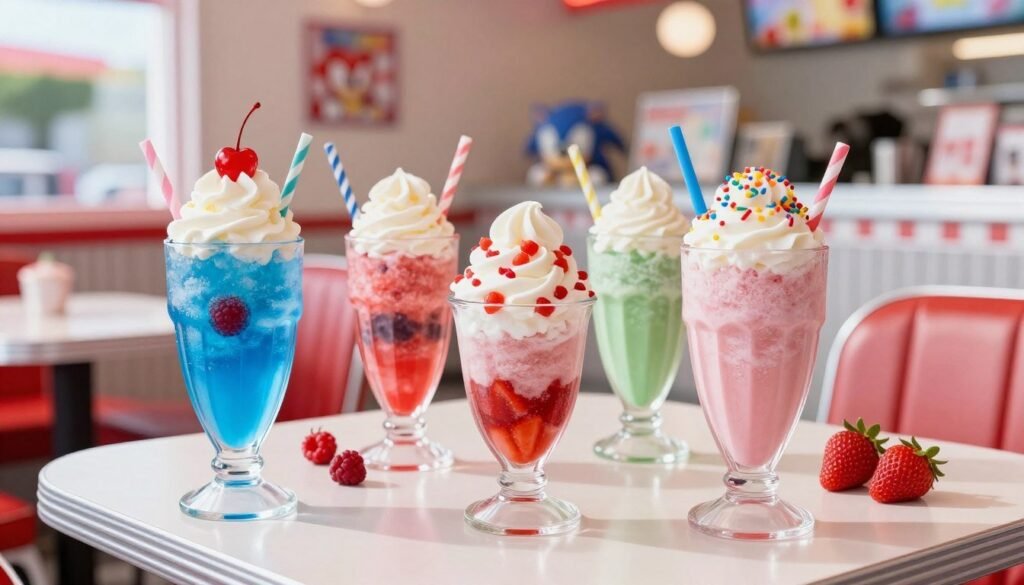 A vibrant display of Sonic's frozen treats, featuring a variety of colorful slushes, milkshakes, and frozen desserts. In the foreground, a tall, frosty blue raspberry slush with a swirl of whipped cream and a cherry on top, alongside a luscious strawberry milkshake topped with rainbow sprinkles. In the middle, an enticing arrangement of Sonic's signature frozen treats, showcased on a classic diner-style table with checkered patterns. The background reveals a bright, sun-drenched diner scene with retro décor, reflecting a cheerful atmosphere. Soft, natural lighting enhances the colors, while a slight bokeh effect adds depth to the background, creating a refreshing, indulgent mood ideal for summer cravings. A vibrant display of Sonic's frozen treats, featuring a variety of colorful slushes, milkshakes, and frozen desserts. In the foreground, a tall, frosty blue raspberry slush with a swirl of whipped cream and a cherry on top, alongside a luscious strawberry milkshake topped with rainbow sprinkles. In the middle, an enticing arrangement of Sonic's signature frozen treats, showcased on a classic diner-style table with checkered patterns. The background reveals a bright, sun-drenched diner scene with retro décor, reflecting a cheerful atmosphere. Soft, natural lighting enhances the colors, while a slight bokeh effect adds depth to the background, creating a refreshing, indulgent mood ideal for summer cravings.