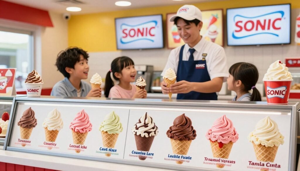 A vibrant, eye-catching display of a Sonic ice cream menu sits at the forefront, featuring a variety of colorful ice cream flavors like strawberry, chocolate fudge, and vanilla, each accurately labeled with enticing visuals. The middle ground showcases a cheerful ice cream shop setting, with a friendly staff member in smart casual attire serving a happy family enjoying their treats. The background features brightly colored signage with Sonic’s iconic colors, creating a fun and inviting atmosphere. Soft, warm lighting fills the scene, emphasizing the creamy textures of the ice cream and the joyful expressions of the patrons. The image is captured at a slight angle to showcase depth, inviting viewers to feel the excitement of ordering from Sonic's delicious ice cream menu. A vibrant, eye-catching display of a Sonic ice cream menu sits at the forefront, featuring a variety of colorful ice cream flavors like strawberry, chocolate fudge, and vanilla, each accurately labeled with enticing visuals. The middle ground showcases a cheerful ice cream shop setting, with a friendly staff member in smart casual attire serving a happy family enjoying their treats. The background features brightly colored signage with Sonic’s iconic colors, creating a fun and inviting atmosphere. Soft, warm lighting fills the scene, emphasizing the creamy textures of the ice cream and the joyful expressions of the patrons. The image is captured at a slight angle to showcase depth, inviting viewers to feel the excitement of ordering from Sonic's delicious ice cream menu.