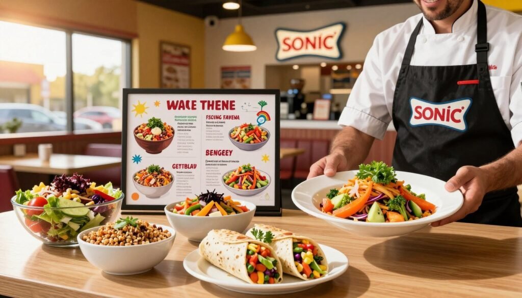 A vibrant, inviting table display at Sonic's with an assortment of allergen-friendly menu options, such as colorful salads, grain bowls, and vegan wraps. In the foreground, a chef wearing a neat apron showcases a beautifully plated dish, garnished with fresh herbs and vibrant vegetables. The middle ground features a menu board that creatively highlights these safe choices, illustrated with colorful images of the food. In the background, the modern Sonic restaurant ambiance is visible, complete with bright signage and cheerful decor. The lighting is warm and inviting, mimicking the afternoon sun filtering through the restaurant windows, creating a friendly and welcoming atmosphere. The composition focuses on the food presentation, emphasizing freshness and healthiness. A vibrant, inviting table display at Sonic's with an assortment of allergen-friendly menu options, such as colorful salads, grain bowls, and vegan wraps. In the foreground, a chef wearing a neat apron showcases a beautifully plated dish, garnished with fresh herbs and vibrant vegetables. The middle ground features a menu board that creatively highlights these safe choices, illustrated with colorful images of the food. In the background, the modern Sonic restaurant ambiance is visible, complete with bright signage and cheerful decor. The lighting is warm and inviting, mimicking the afternoon sun filtering through the restaurant windows, creating a friendly and welcoming atmosphere. The composition focuses on the food presentation, emphasizing freshness and healthiness.